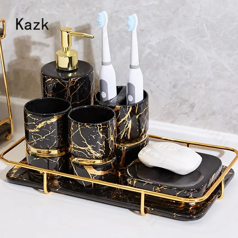 Light Luxury Ceramic Bathroom Accessories Set0 Golden Marble Texture Shower AccessoriesToothpaste Dispenser Shampoo Bottle