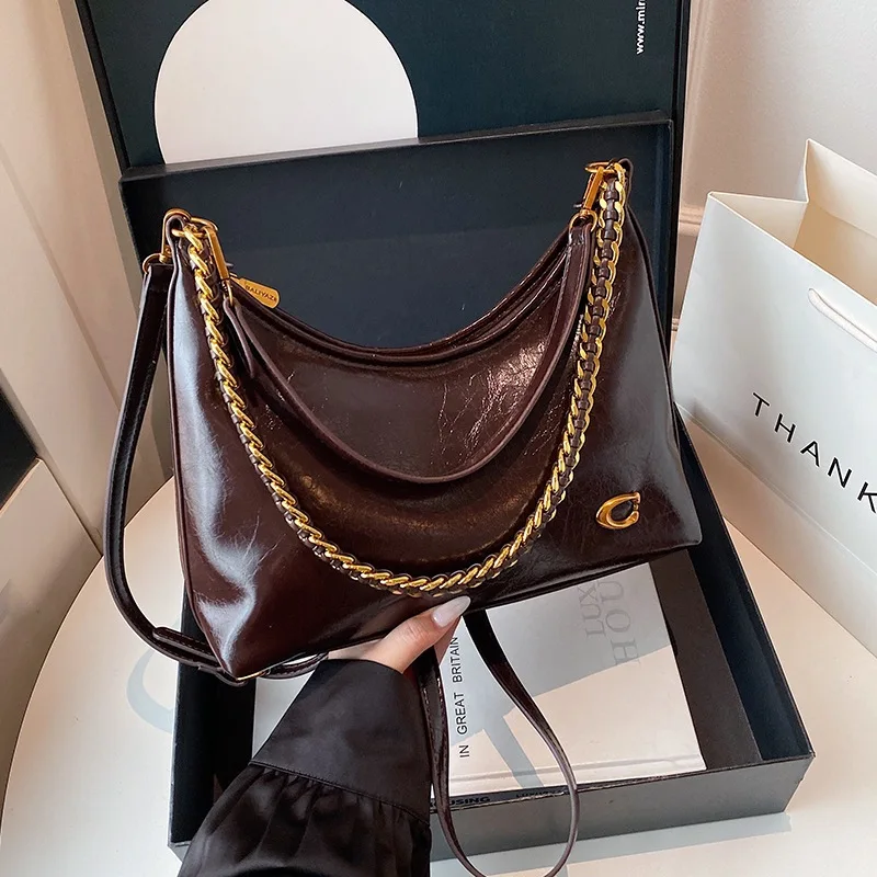 New vintage Waxed Leather Ladies' Chain Handbag - Large Capacity, Single Shoulder Bag, Fashionable and Versatile Crossbody Bag