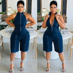 2024 New Fashion Jean Women Summer Clothing Solid Color Mock Neck Half Zip Up Jumpsuit Sleeveless One Piece Stretch Denim Romper