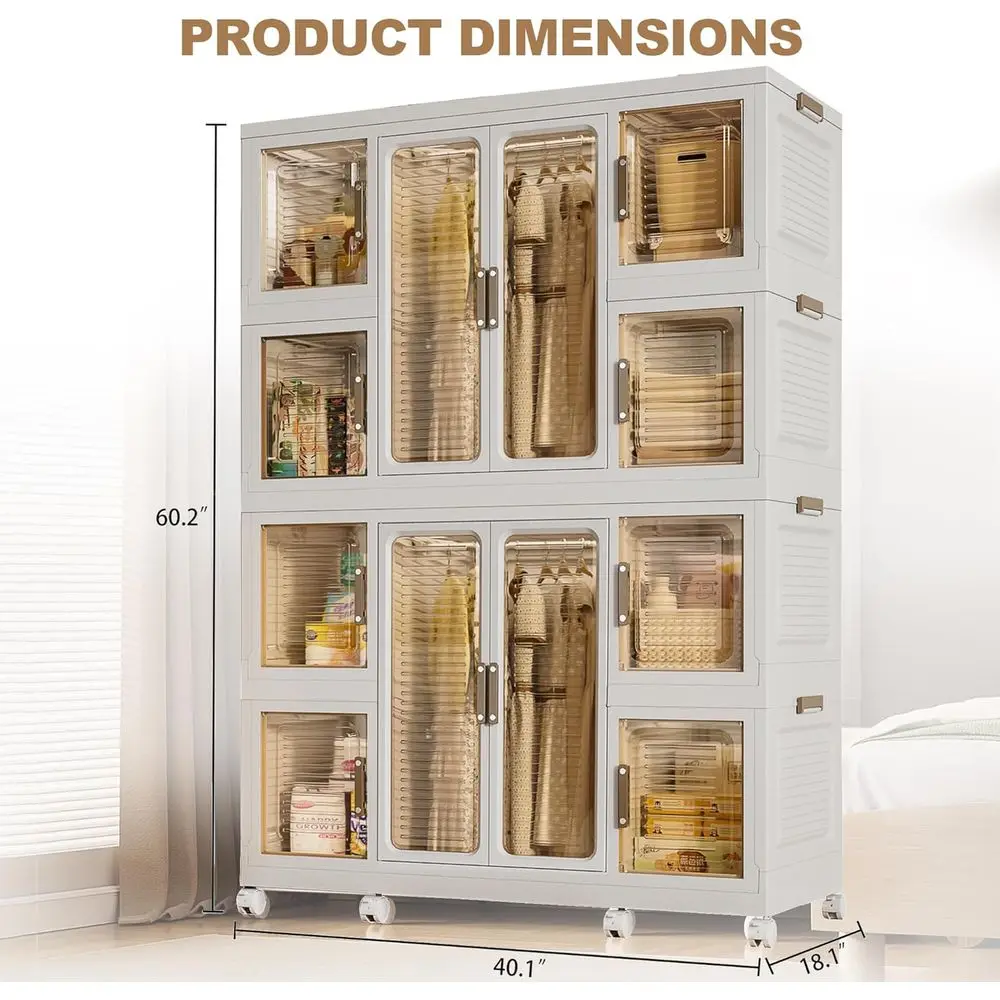 Large Plastic Collapsible Wardrobe with Wheels, 8-Shelf Storage Cabinet, 2 Rods, 16 Hangers