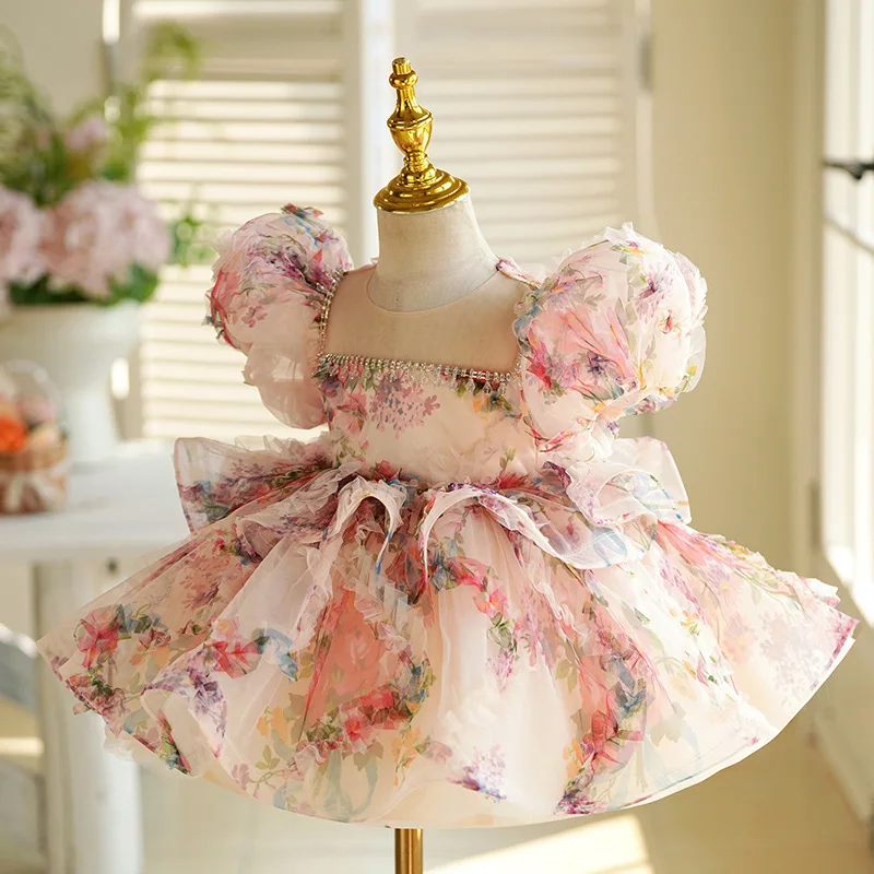 Children Cute Birthday Wedding Performance Dress y1537 2025 New Girls High End Flower Print Pink Princess Ball Gown