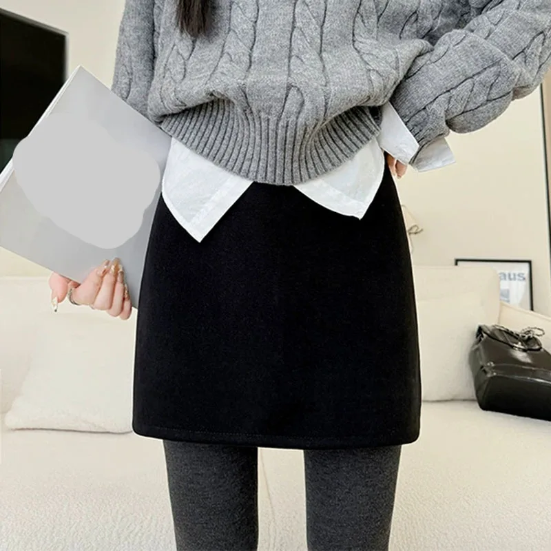 Women Woolen A-Line Mini Skirt Korean Style High Waist Solid Color Thickened Short Skirt Slim Fit Casual Autumn Winter Skirt
