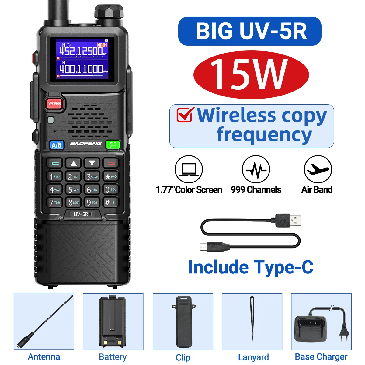 Baofeng UV 5RH 10W Air Band Walkie Talkie Lange afstand Draadloze kopieerfrequentie Type-C Baofeng UV 5R MINI UV 21 PRO 2-weg hamradio