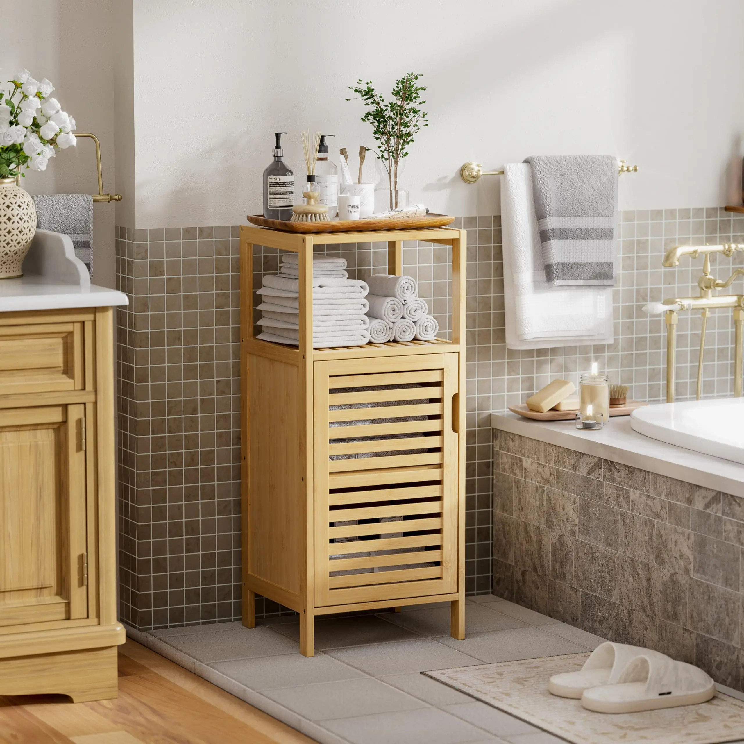 Gabinetes de piso de bambú independientes, taquillas de 4 capas para sala de estar, cocina y dormitorio, gabinetes de baño de bambú