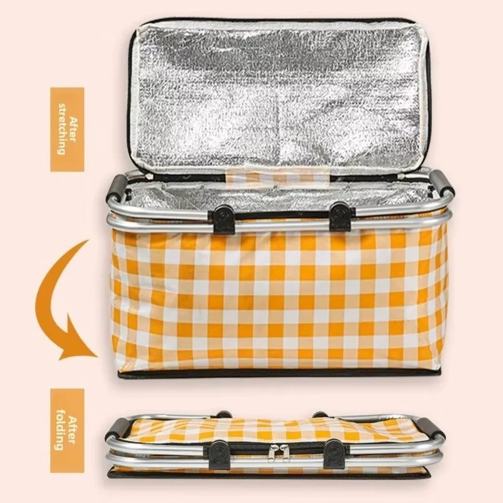 Large Capacity Insulated Picnic Basket Aluminum Foil Lining Leak Proof Cooler Bag Strong Metal Handle Foldable Design