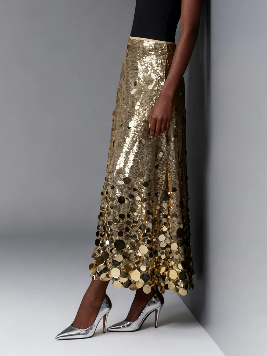 VGH رائع التخسيس الصلبة الترتر تنورة طويلة للنساء عالية الخصر تقسم سستة الخريف مزاجه تنورة الحفلات الإناث نمط