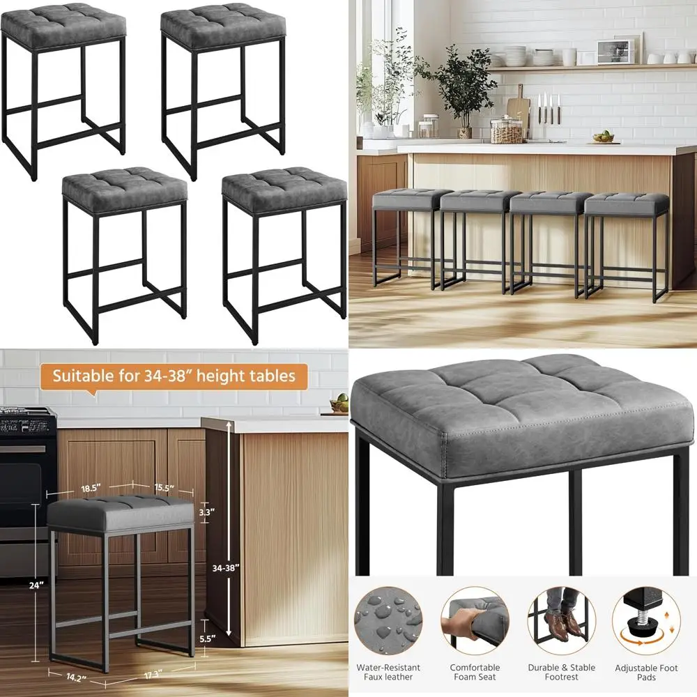 Juego de 4 taburetes de bar de cuero con altura de mostrador, sillas de isla de cocina, 24 pulgadas de alto, asientos cómodos para zona de comedor