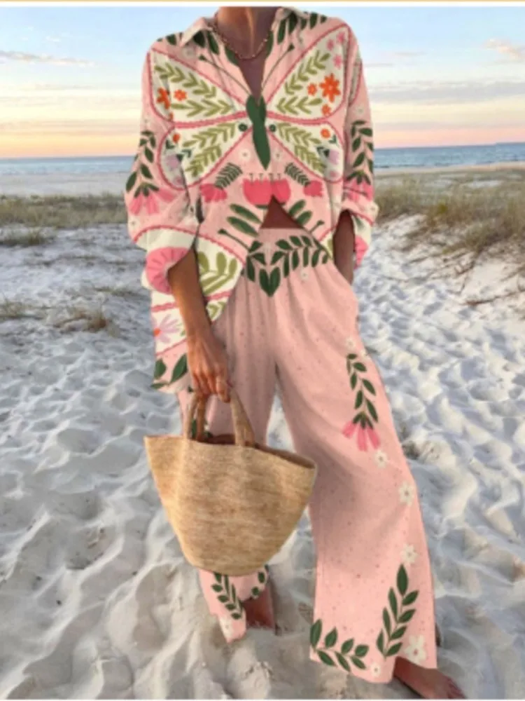 Summer Fashion New Vacation Style Cruise Print 2-Piece Set Lapel Shirt + Wide-Leg Pants Women Casual Cruise Outfit Beach Holiday