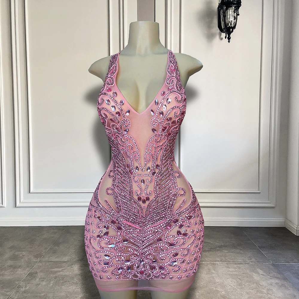 Vestidos formales de fiesta de cumpleaños para mujer con diamantes rosas brillantes de lujo Halter Sexy transparente Mini vestidos cortos de fiesta negros para niña 2025