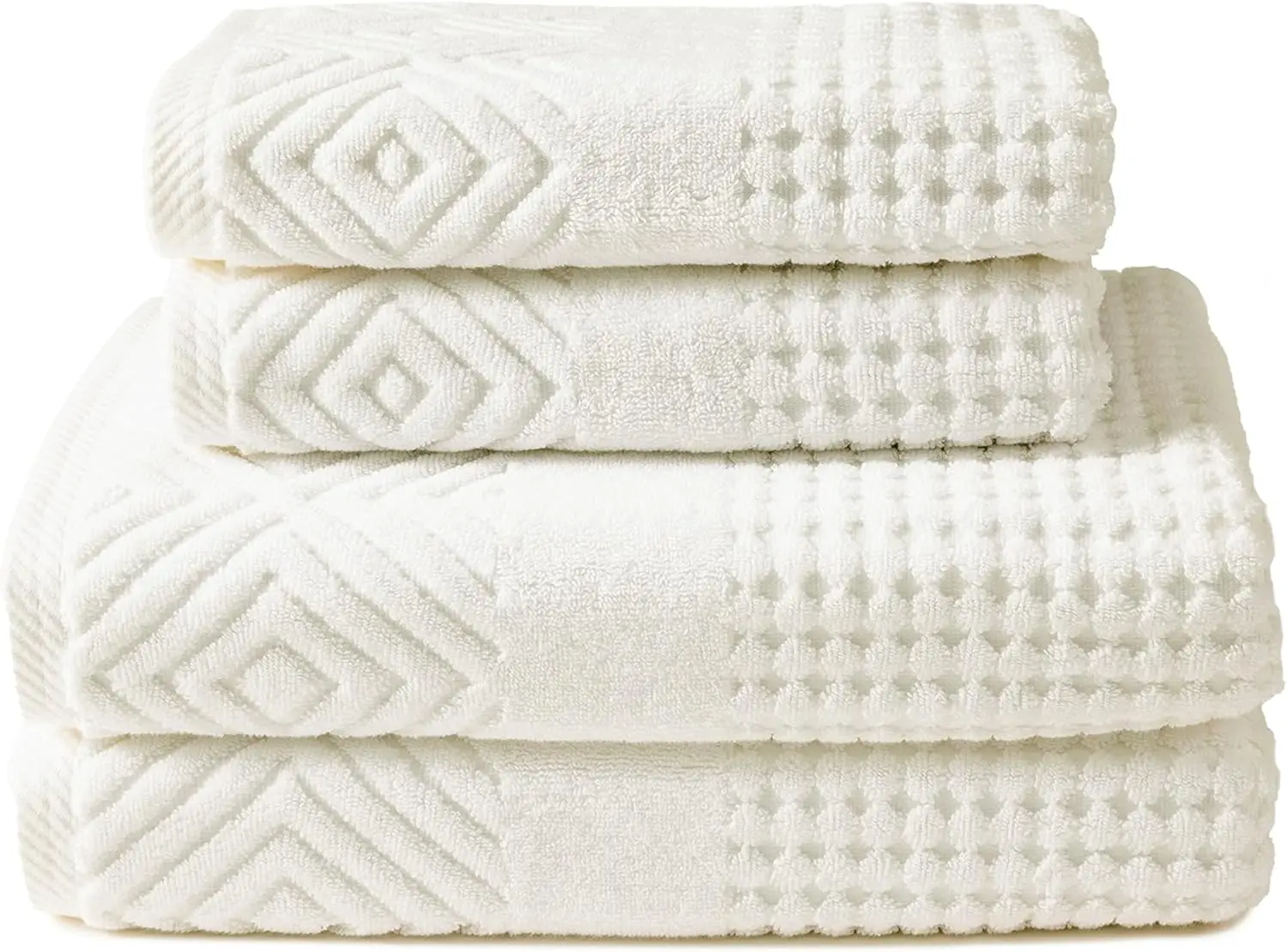 

Набор банных полотенец из роскошного хлопка с алмазным жаккардовым узором - ультрамягкие, впитывающие, гостиничного качества (кремовый, 2 банных и 2 полотенца для рук)