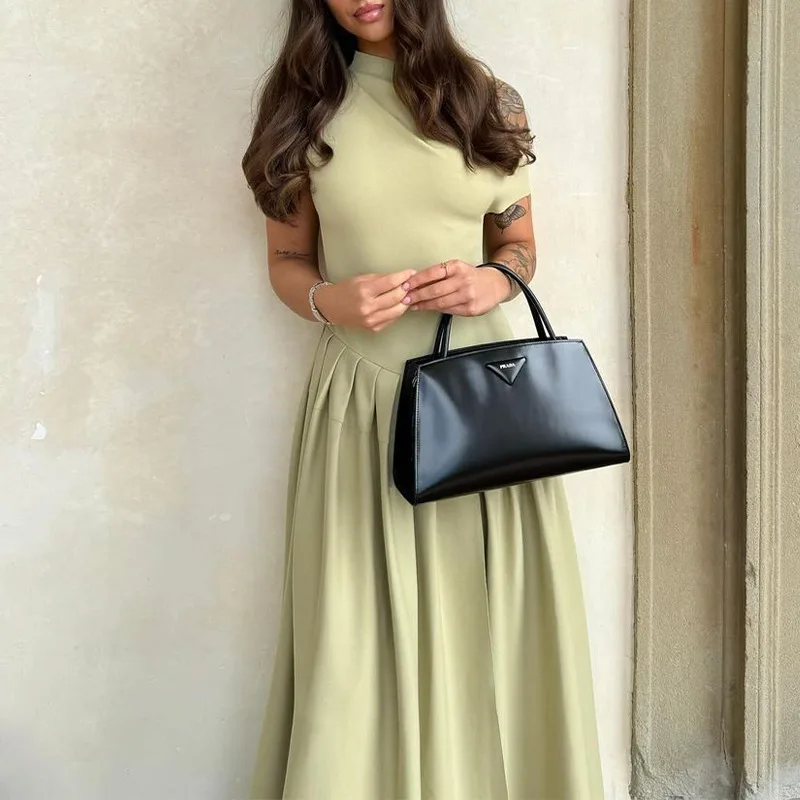 Elegant Diagonal Collar Maxi Dress For Women 2024 Summer Green Short Sleeve Patchwork Dresses Office Lady Streetwear Robe
