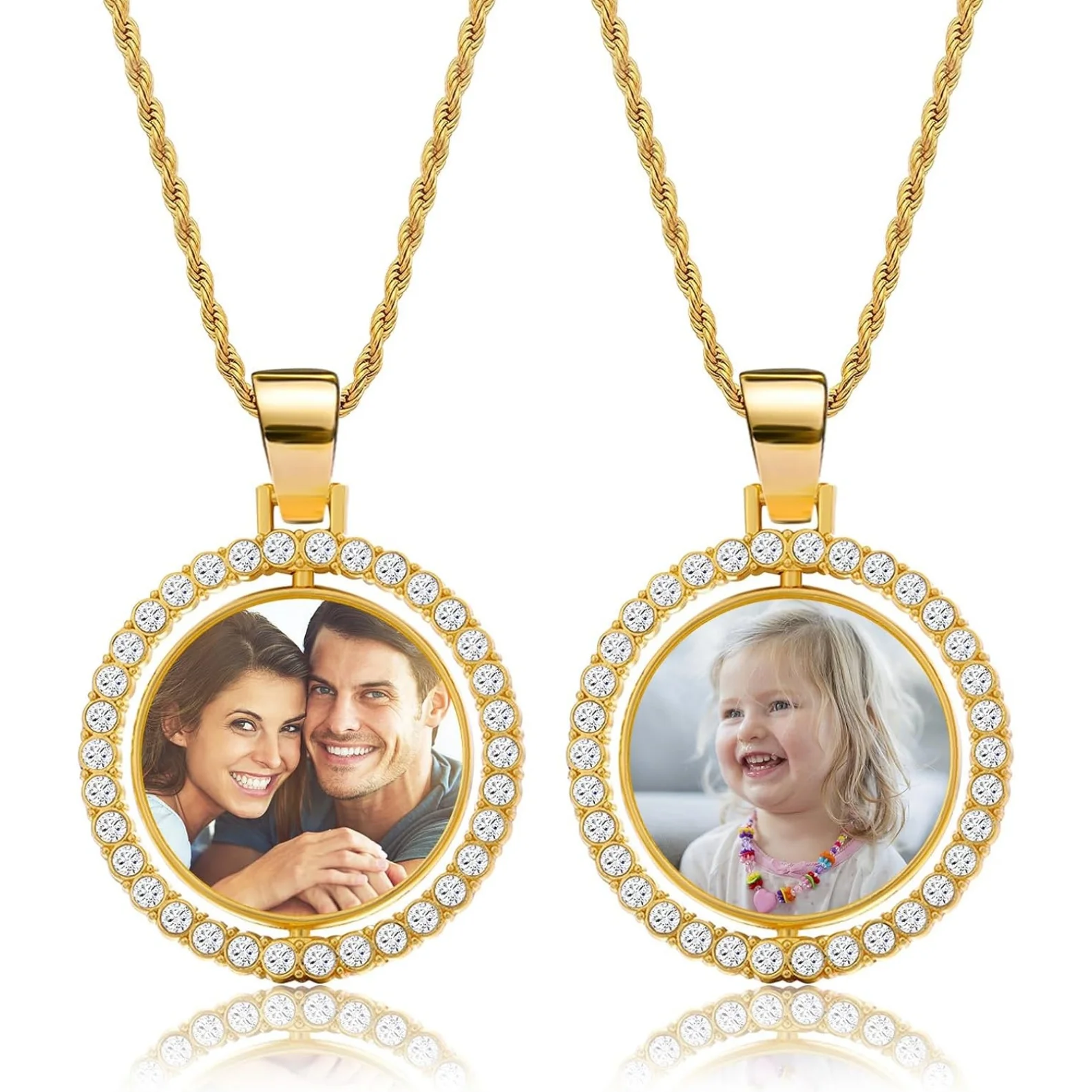 

Custom-made photo necklaces with diamond-encrusted round pendants are the perfect choice for memories and gifts