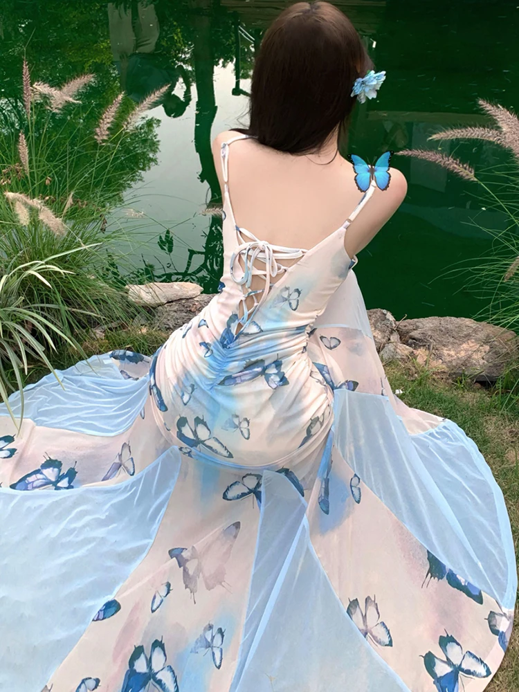 2025 Boho Blue Floral Mesh Chic Sling Sexy Long Dress Women Elegant Ruffled Casual Dress Summer New Korean Bodycon Holiday Dress