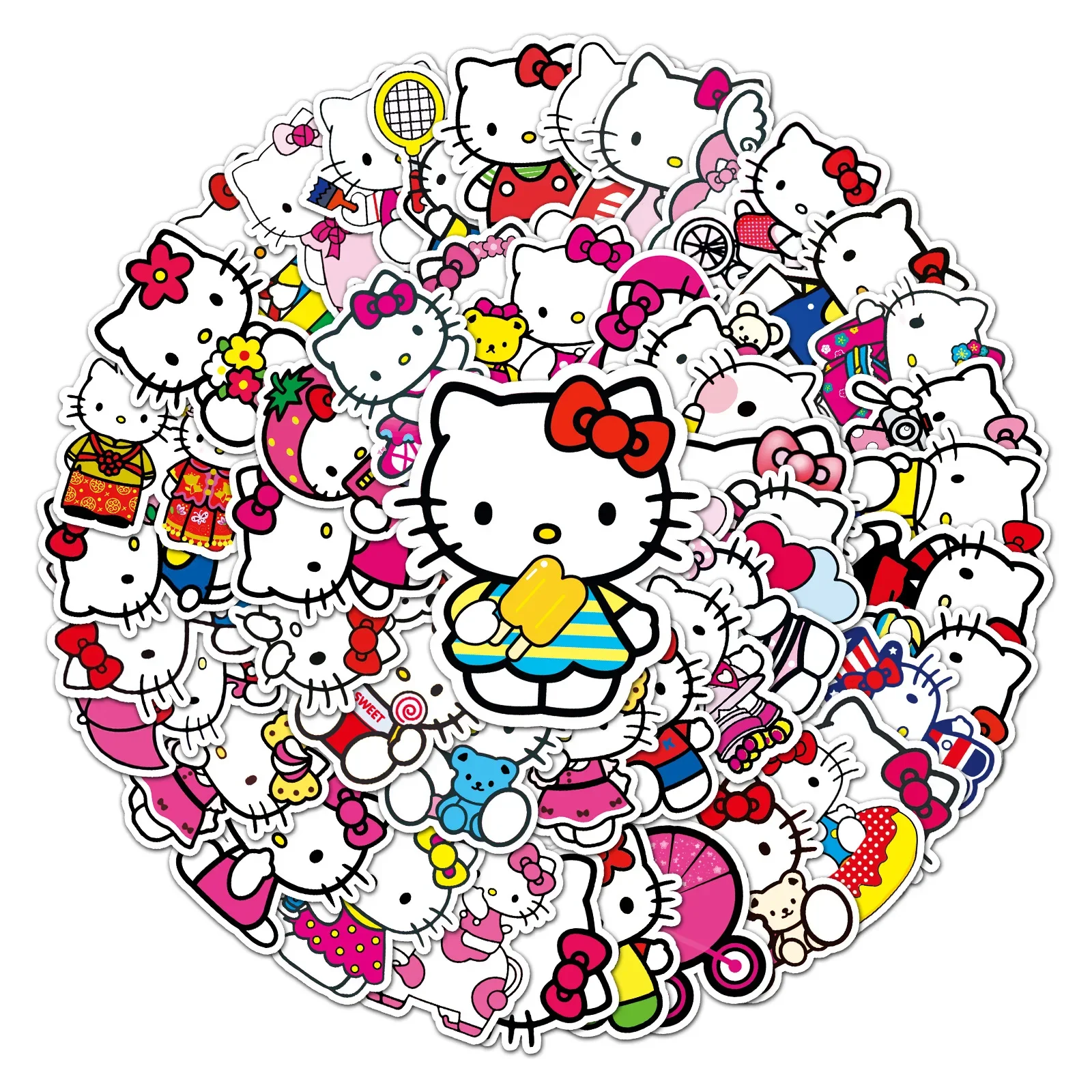 50pcs Hello Kitty Stickers Skateboard Waterproof  Stickers Laptop Skin Cute Anime Stickers Sanrio Phone Case Kawaii Packaging