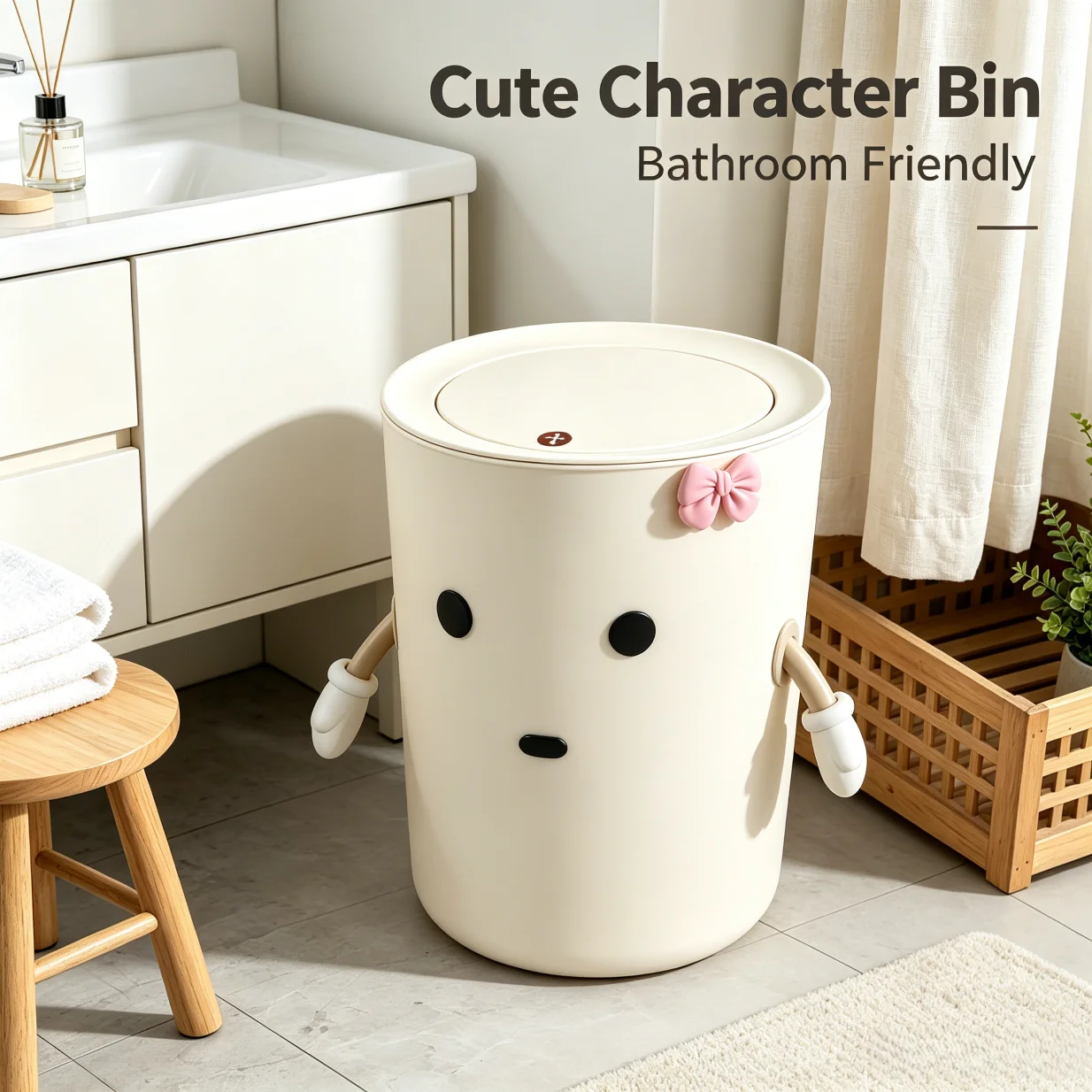 Multi-room Cute DIY Decor Waste Bin, Round Flip Lid Odor Containment Bin, Cozy Home Accent Storage Bin for Living Space