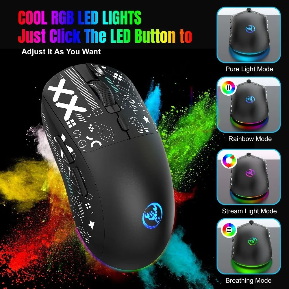 

3-режимная беспроводная игровая мышь с крутым принтом, красочная RGB-беспроводная мышь для ноутбука, портативная высокоточная беспроводная Bluetooth-мышь