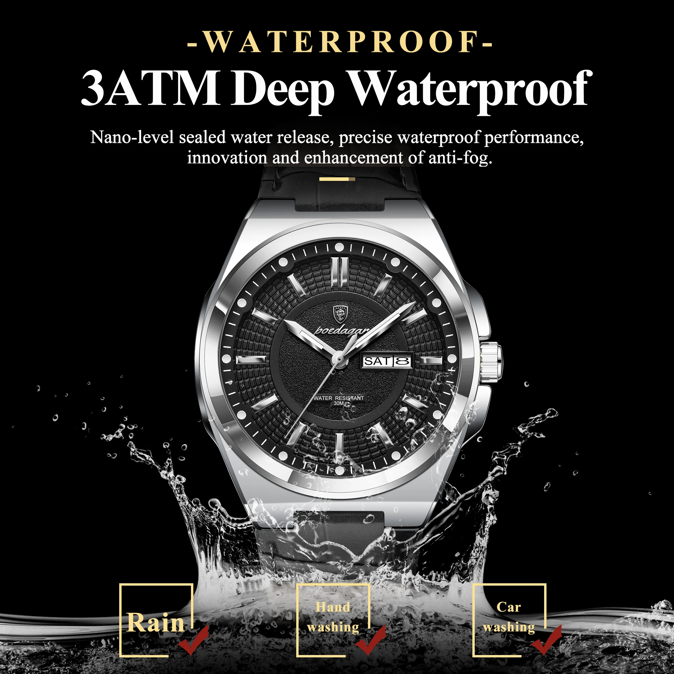 Men's Waterproof Business Quartz Watch with Leather Band