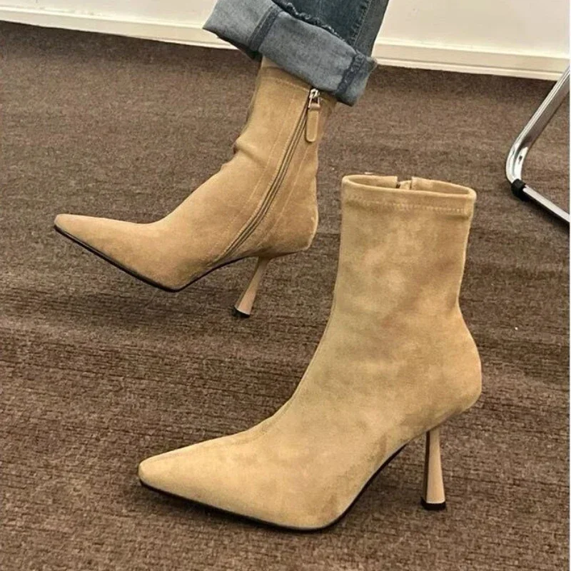 Boots for Women's Pointed Elastic Thin Autumn Kitten Heel Woolen Autumn and Winter New Woman Shoes Sock Booties Short Boots