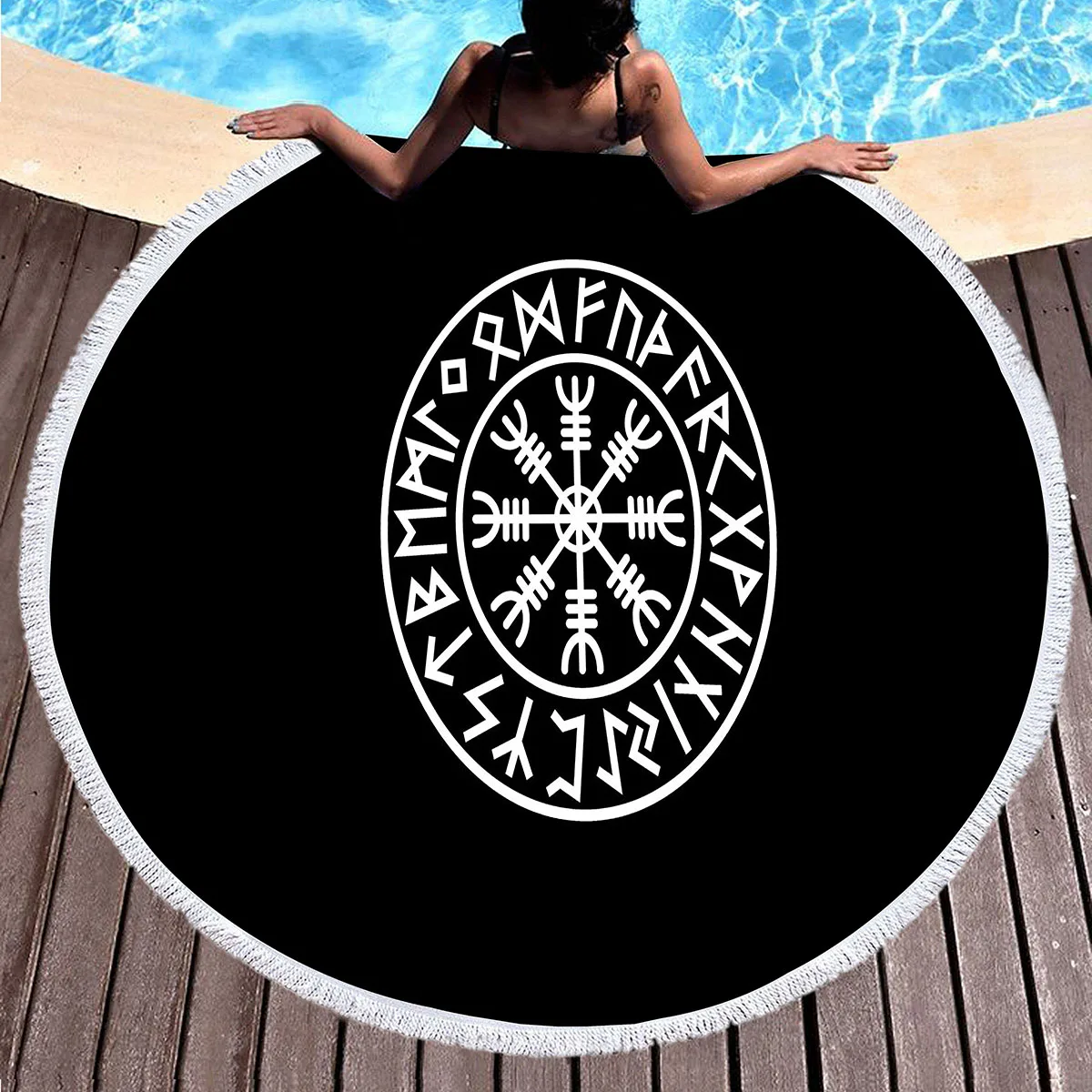 Viking Round Beach Towels,Retro Black And White Icons Fiber Beach Towel Absorbent Sand Free Multipurpose Towel for Pool Picnic