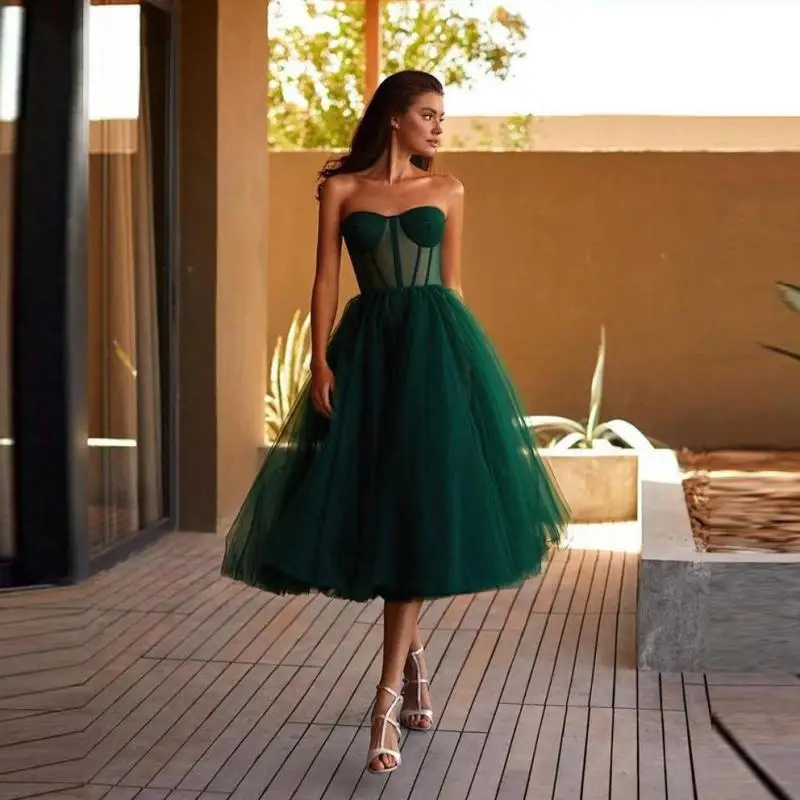 

Sexy Strapless Evening Dresses Elegant Multicolor Sleeveless Tulle Party Prom Gown Simple A-line Pleat Tea-length Robe De Soiree