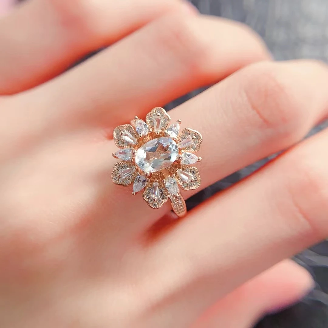 Sparkling Silver Aquamarine Ring for Party 5mm*7mm 0.7ct 100% Natural Aquamarine Silver Jewelry October Birthstone Ring