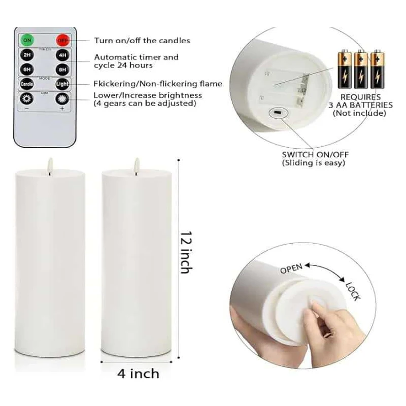 3PC IP44 Huge Pillar Candle & Remote Timer 10-35cm Flameless Flickering Window Wax Portable Battery Operated Atmosphere Lamp