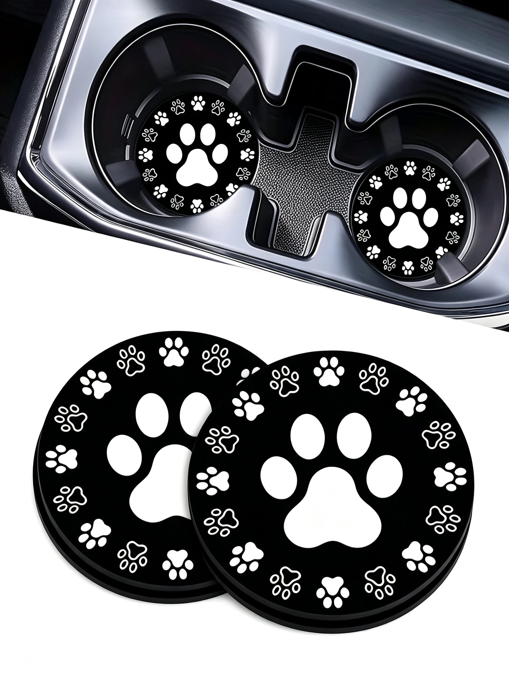 Cute Paw Print Car Cup Holder Coasters, Anti-Slip Silicone Mat for Auto Console, Universal Fit for Most Vehicles