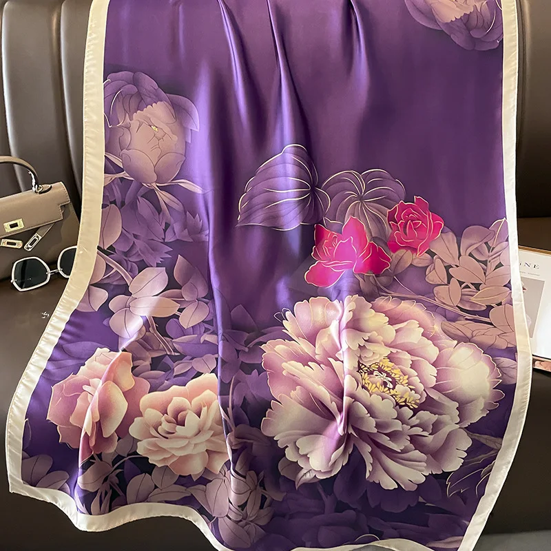 Marca de luxo novo estilo primavera verão feminino grande flor impressão cachecol senhoras popular praia seda cetim xale moda headcloth