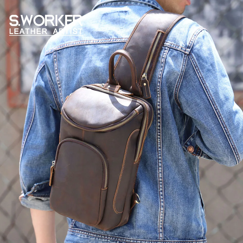 Hochwertige Echtleder-Brusttasche für Herren, Vintage Vollnarbenleder-Umhängetasche, Herren-Schultertasche, Sling Bag, Tagesrucksack – Detail 2