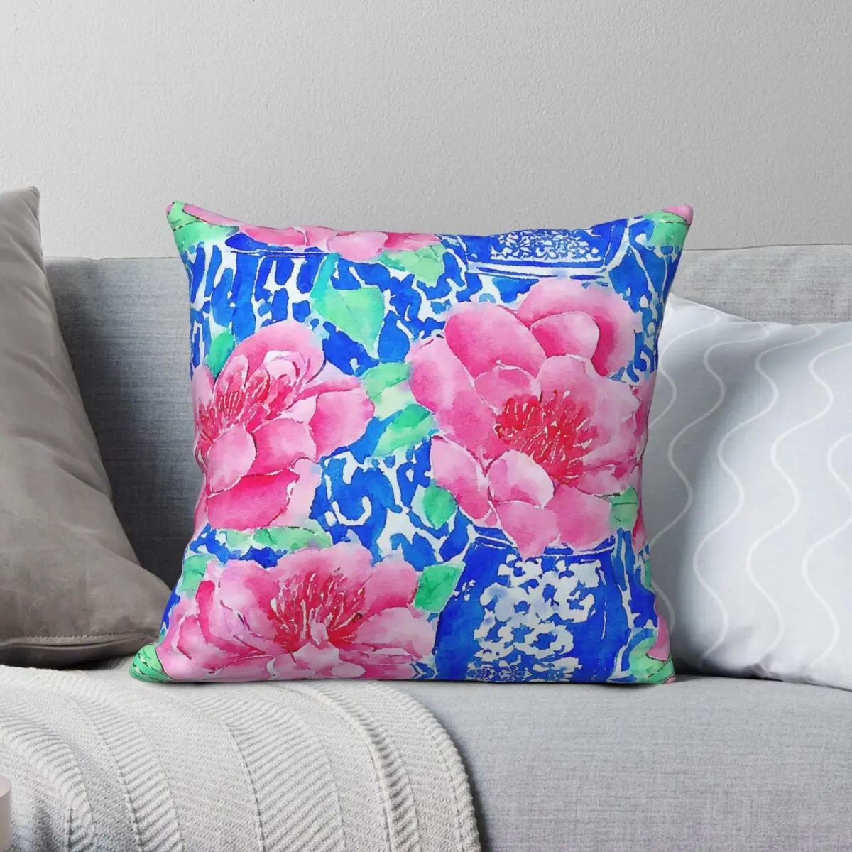 Chinoiserie Peonies On Blue Square Pillowcase Polyester Linen Velvet Pattern Zip Decor Home Cushion Cover