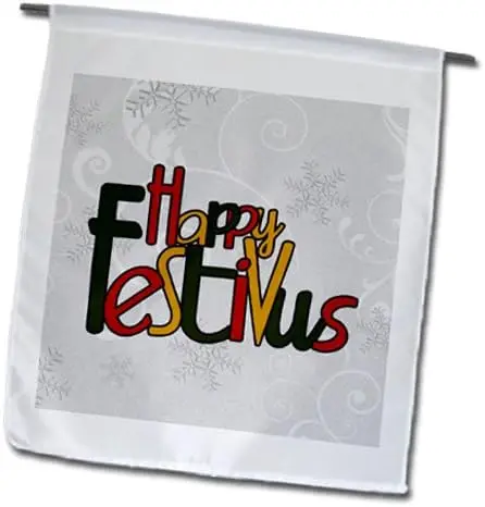 3dRose fl_101842_1 Happy Festivus in Red, Gold and Green with a Frosty Snowflake Background in Silver and White Garden Flag, 12