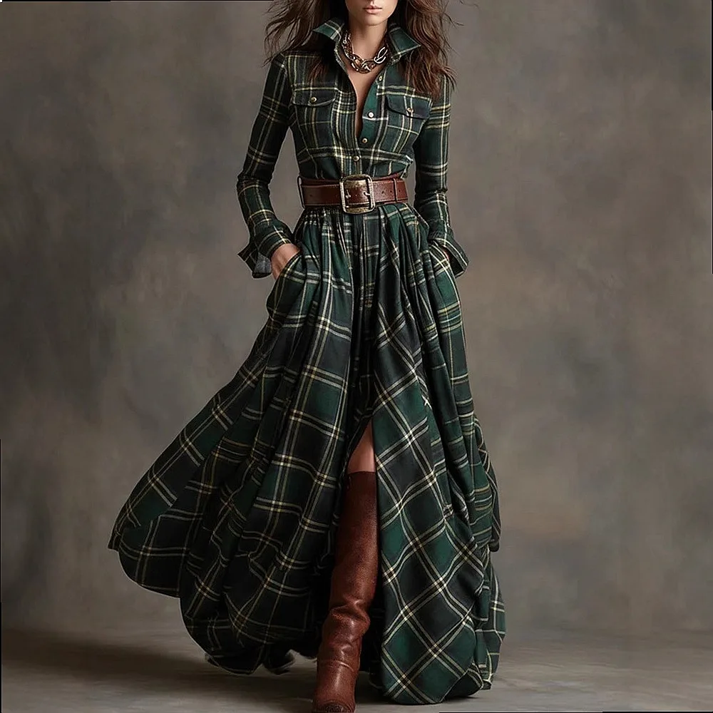 Plus Size French Vintage Plaid Dress Slimming Irregular Hem Dresses for Women Spring Summer