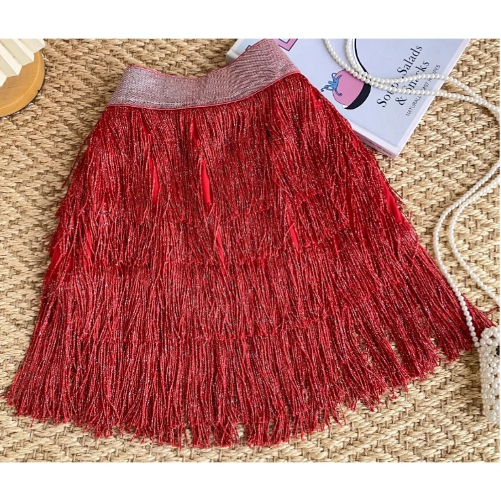 Elegancka, słodka, brokatowa spódniczka mini z frędzlami, elastyczną talią, seksowna, w kształcie litery A, na imprezę, modna, vintage, luksusowa, gotycka, wiosenno-letnia odzież damska.
