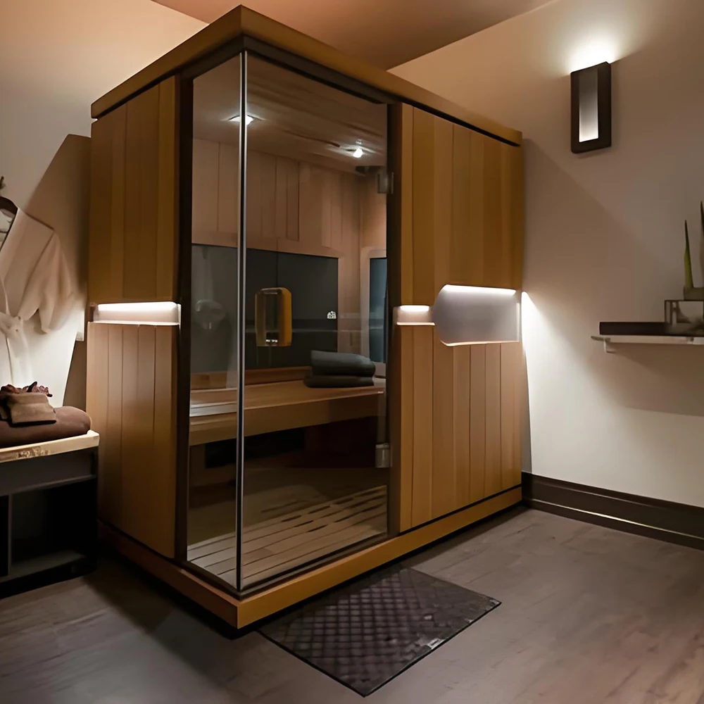 Sala de sauna interna sofisticada e luxuosa de infravermelho distante com experiência de sauna premium de vidro temperado