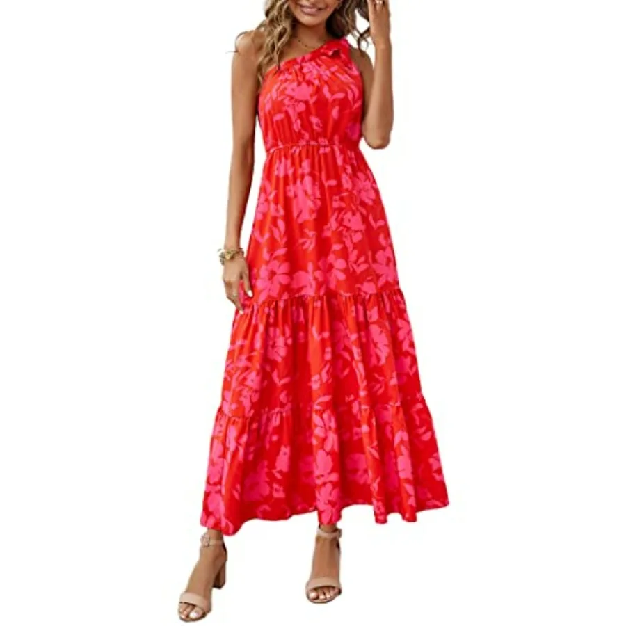 

Women's Summer Floral One Shoulder Maxi Dress Knot Ruffle Boho Beach Vacation Wedding Guest Long Sun Dresses