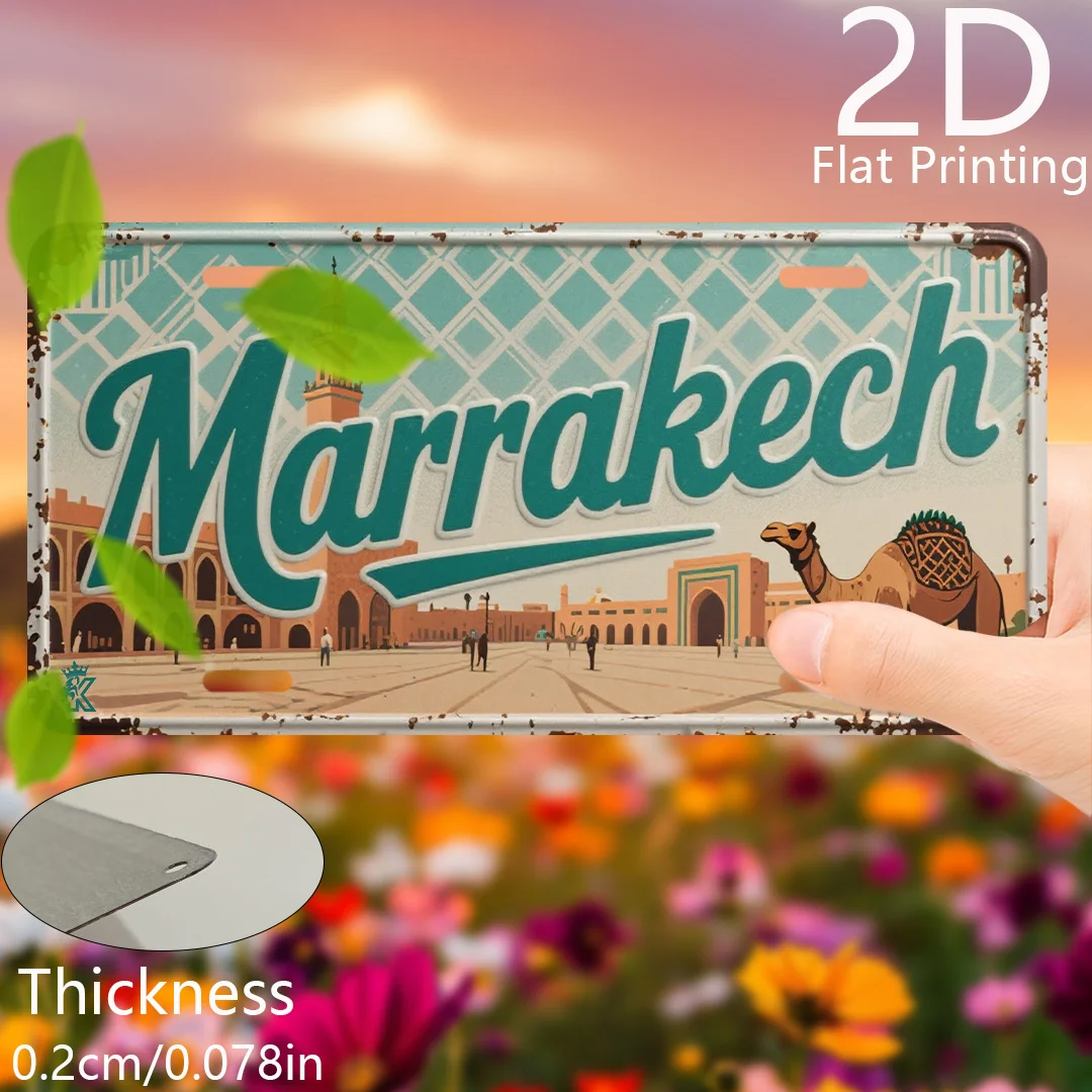 Vintage Moroccan "MARRAKECH" Moroccan Square Camel Scenery License Plate 2D Flat Aluminum Tin Sign Wall Art Decor for North Afri view 4