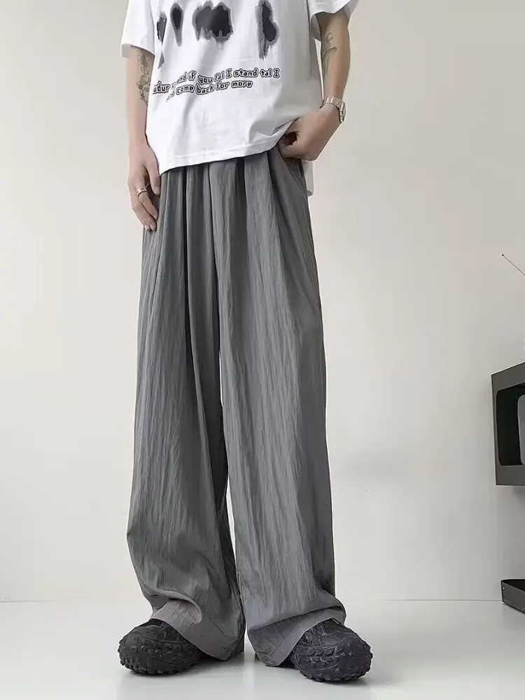 

Summer Thin Ice Silk Men's Loose Wide Leg Casual Pants Drapey Lazy Sle Japanese Sle Long Straight Tube Elastic Waist