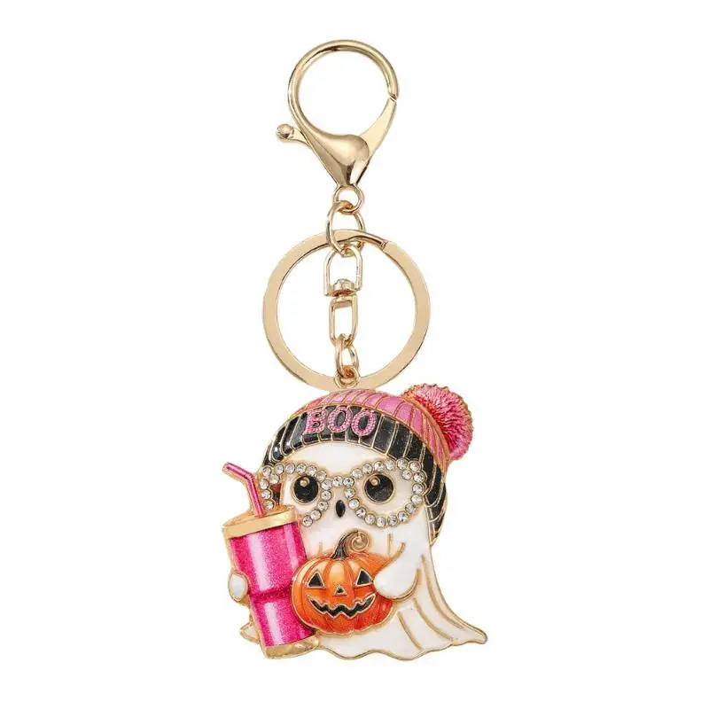 Gruseliger Halloween-Schlüsselanhänger, glitzernder Kristall-Geisteranhänger, rosa Strickmütze, Kürbis-Design, Rucksack-Charms, Partygeschenk – Detail 7