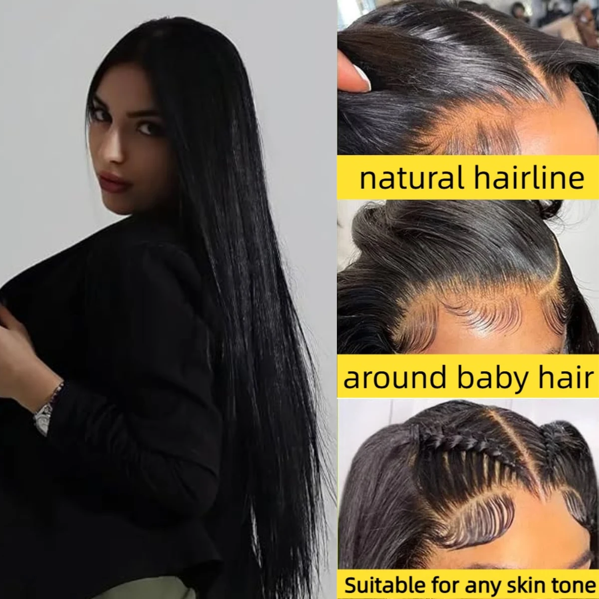 شعر مستعار بشري مستقيم بدون لاصق للنساء ، تم نتفه مسبقًا ، قصه مسبقًا ، كثافة