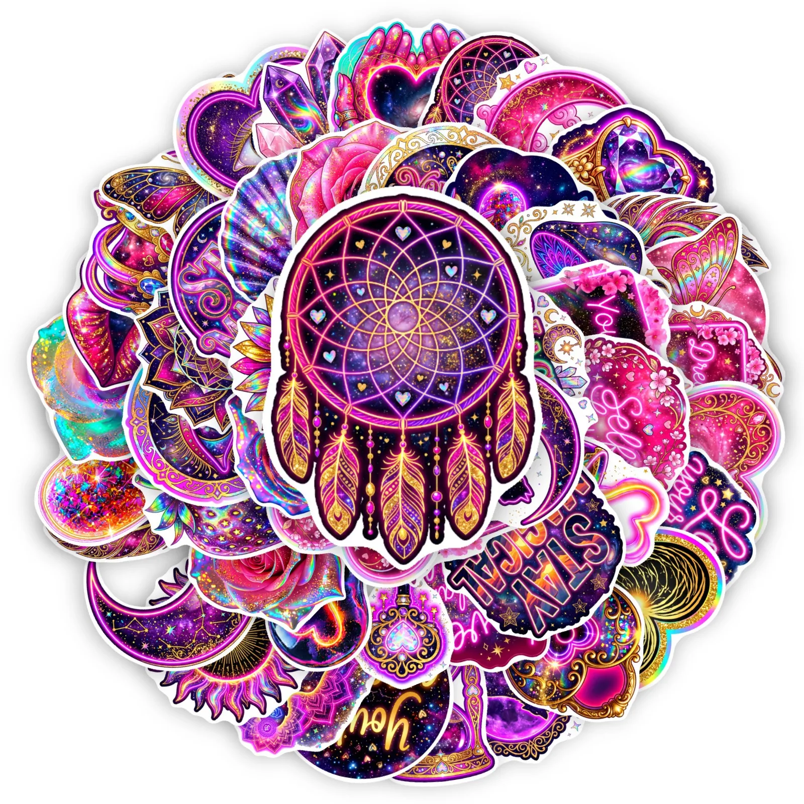 50 Pcs Dreamy Aesthetic Moon‑Star Heart Butterfly Rose Stickers, Waterproof Decor for Journaling, Phone Case & Water Bottles