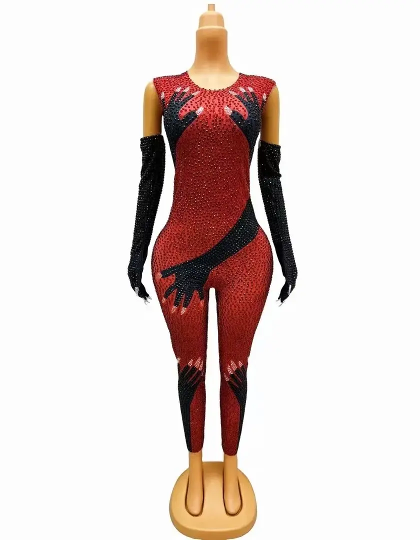 Red Black Full Rhinestones Bodysuit Evening Birthday Celebrate Sexy Stretch Jumpsuit Gloves Outfit Dance Performance Costume