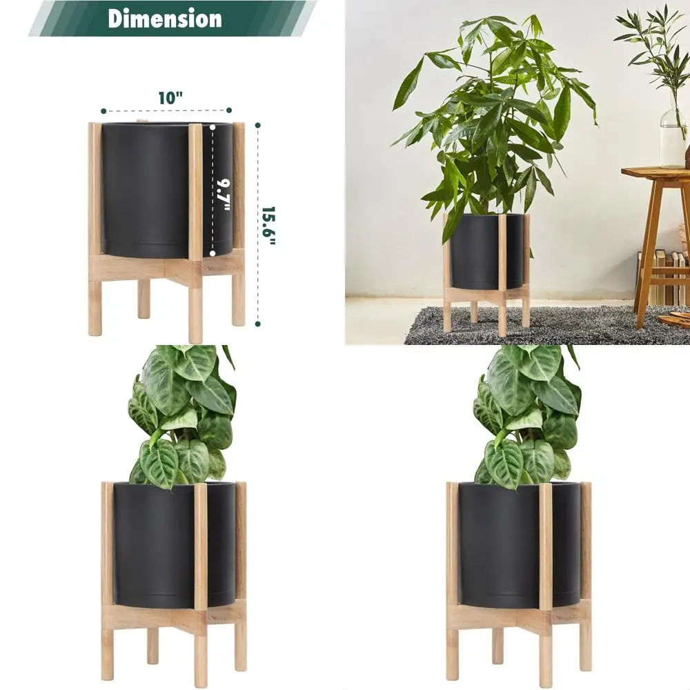 

10 Inch Matte Black Plastic Cylinder Planter Pot with Natural Wood Stand for Indoor Use