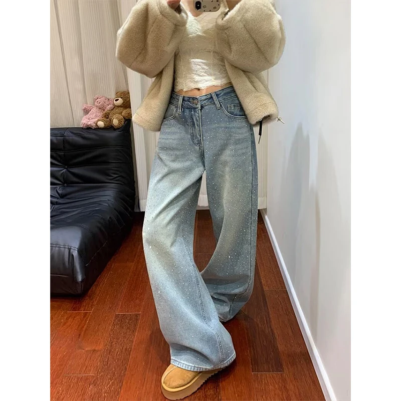 High-quality American-style plus-size retro full-sky rhinestone jeans for women, fashion floor-length pants with design sense