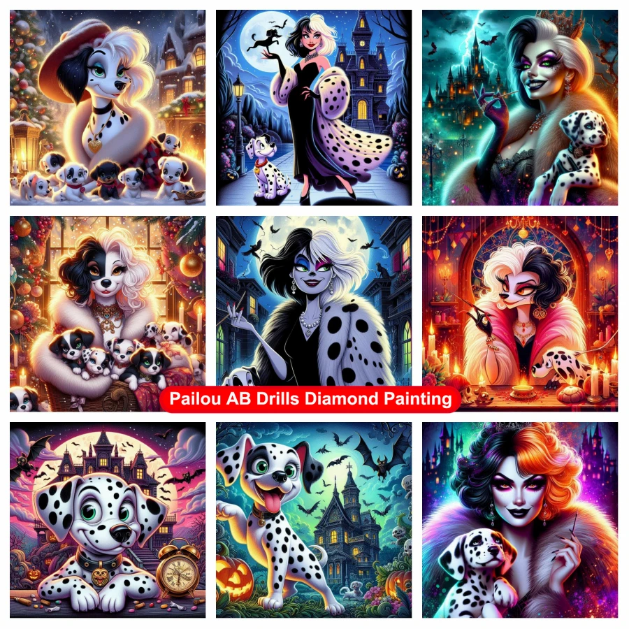 

101 Dalmatians Dog Disney Cartoon 5d Diamond Painting AB Drills Gothi Cruella Evil Halloween Art Mosaic Cross Stitch Home Decor