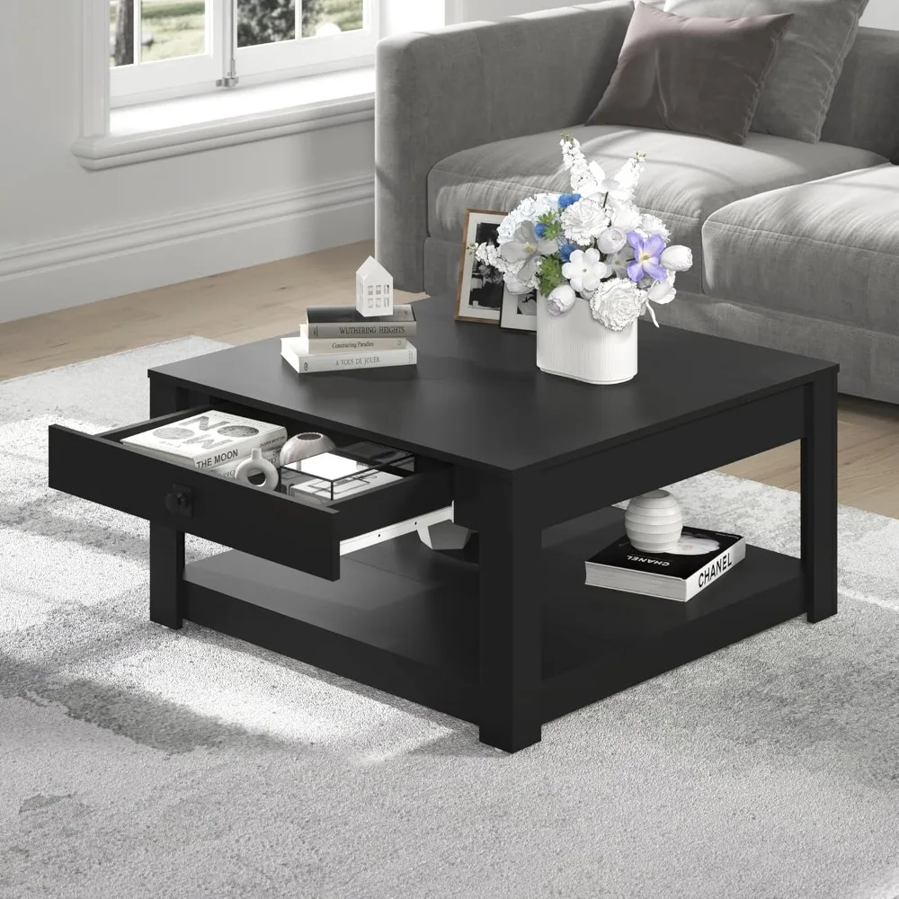 

Square Coffee Table with Storage Drawer, 2-Tier Centerpiece, Rectangle Ottoman for Small Spaces, Black Oak