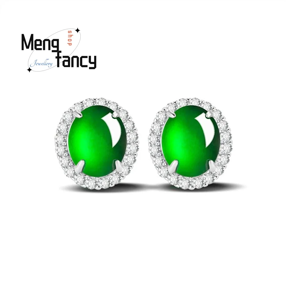 Natural A-goods Jadeite Oval Egg Surface Sunny Green Earrings Ice Jade S925 Silver Inlaid Exquisite Fashion Jewelry Holiday Gift