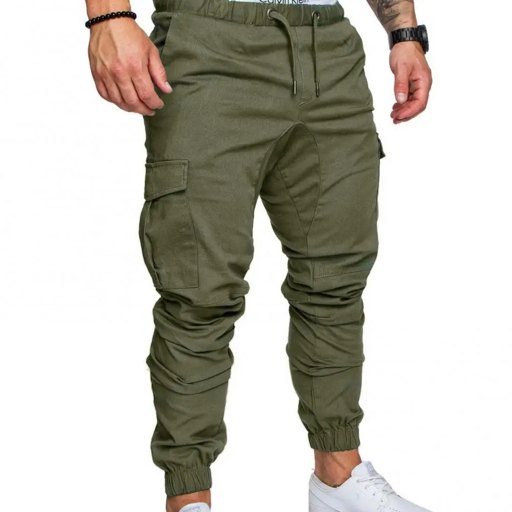 Men Casual Solid Color Pockets Waist Drawstring Ankle Tied Skinny Cargo Pants Work Trousers Outdoor Hiking Joggers Pant