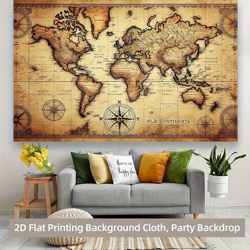 1pc Vintage World Map Old Continents Tapestry 2D Flat Compass Geography Wall Hanging for Study Office Retro Decor Fabric Poster