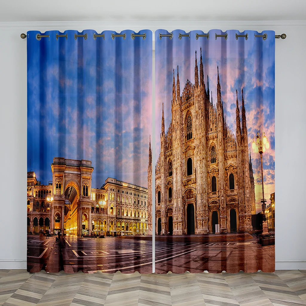 3D Iconic Building Landscape Sunshade Curtains Luxury Living Room Home Curtain Bedroom Decor Thin Curtains 2 Panel