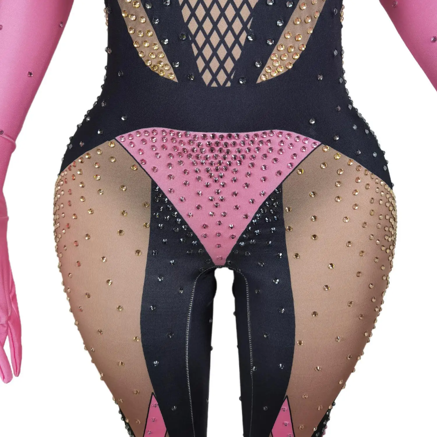 เซ็กซี่สีชมพู Rhinestones Jumpsuits ผู้หญิงไนท์คลับพิมพ์ Leotard นักร้องเครื่องแต่งกายวันเกิด Party Pole Dance ลาก Queen เวทีสวมใส่